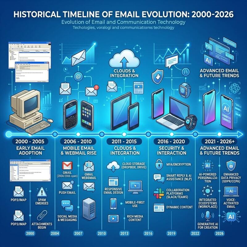 Email history timeline from 2000 to 2026