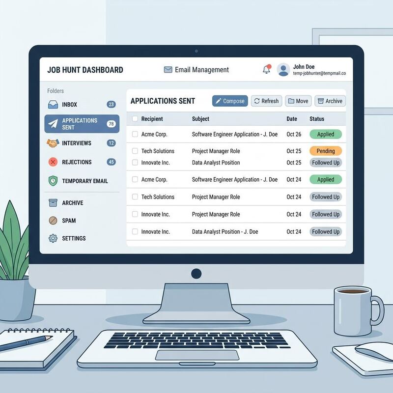 Organized job application inbox with labeled folders