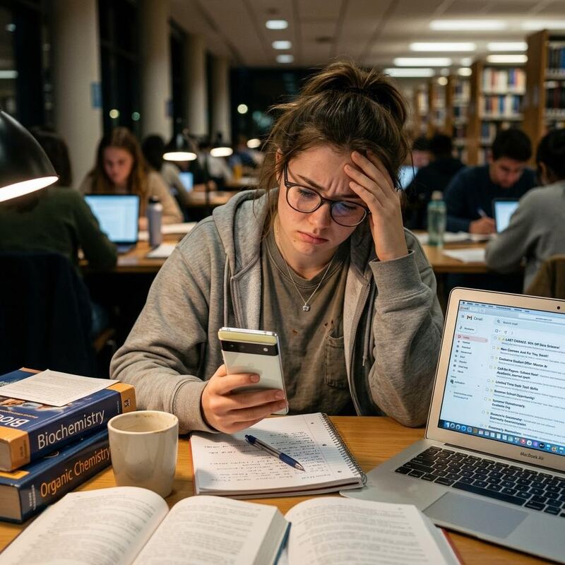 Boîte étudiante débordant d'e-mails promotionnels EdTech