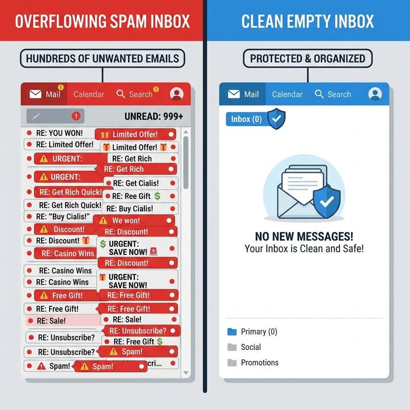 Overflowing spam inbox vs clean protected inbox